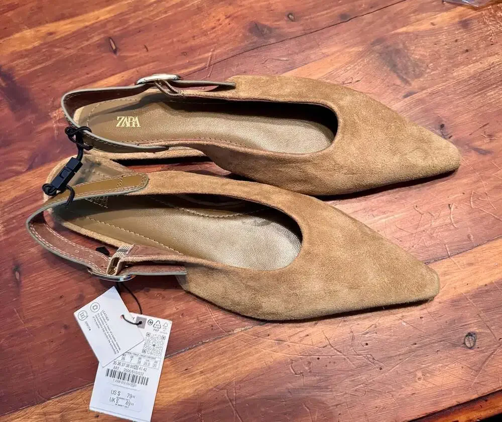 New Zara Suede Slingback Pointed Toe Flat Shoes Size 9 - Picture 2 of 8